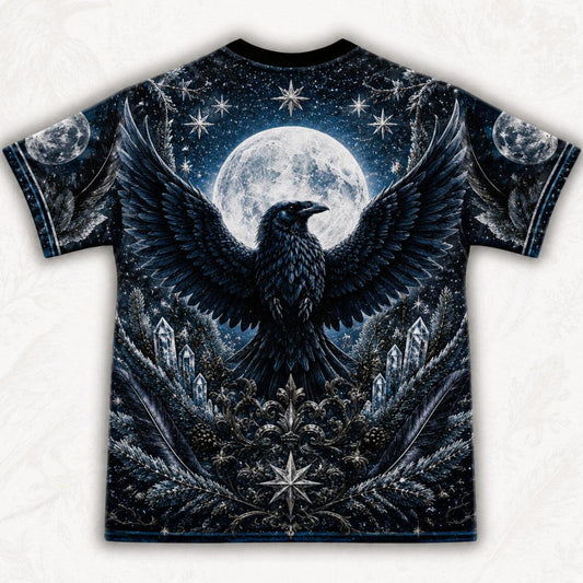 Winter Raven Full Moon T-Shirt Snow Candle Quartz Yule Tee back view