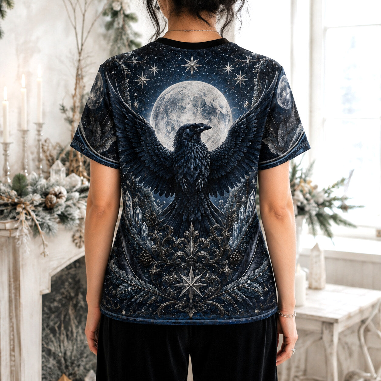 Winter Raven Full Moon T-Shirt Snow Candle Quartz Yule Tee worn, back view