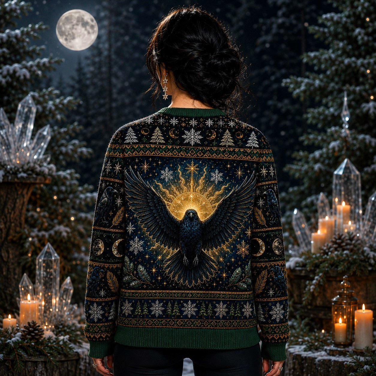 Winter Raven Sweater Snowy Branch Full Moon Yule Knit Jumper worn, back view