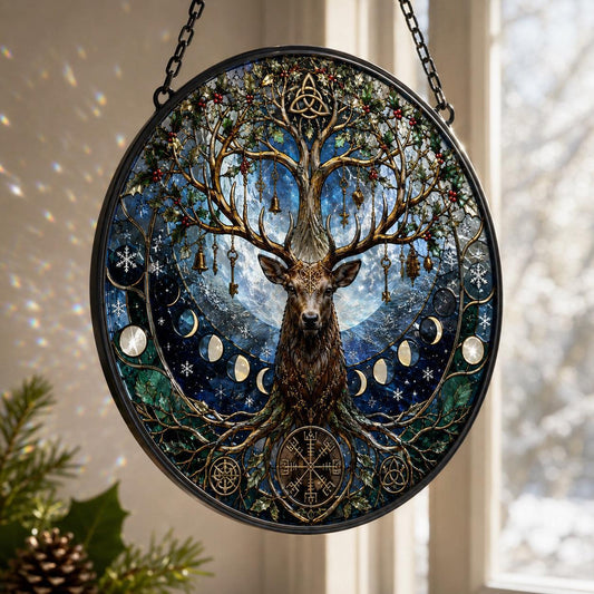 Winter Stag Tree of Life Glass Suncatcher - hanging view