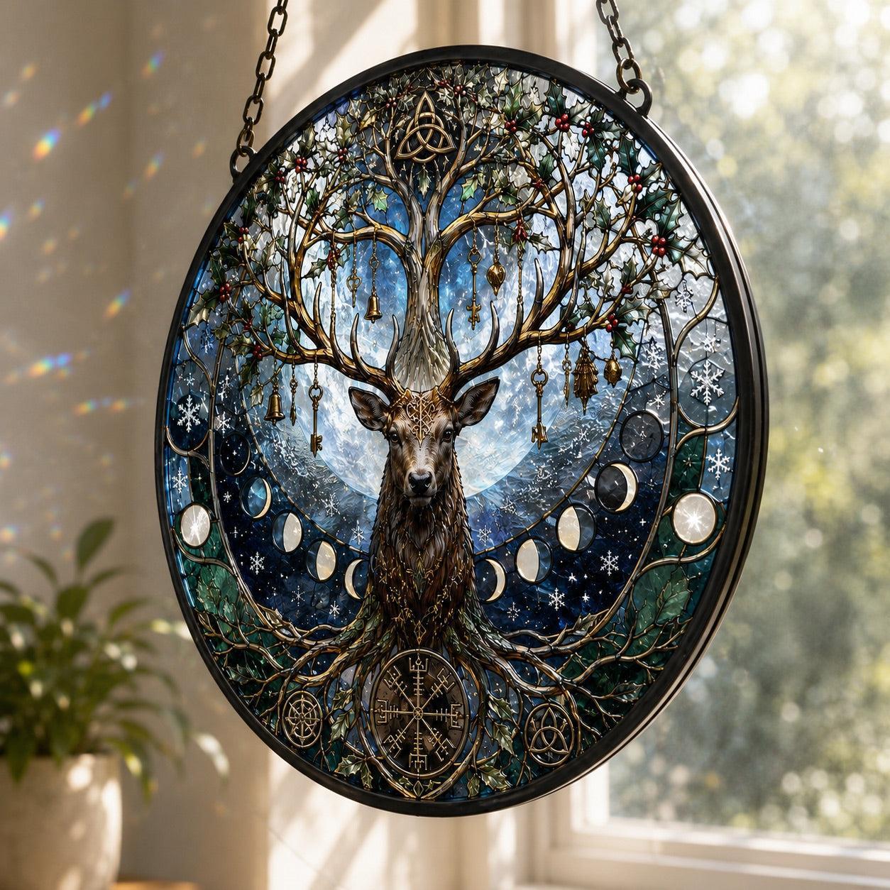 Winter Stag Tree of Life Glass Suncatcher - close up detail