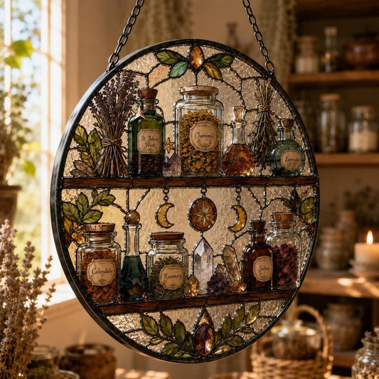 Witch Apothecary Shelf Glass Suncatcher - hanging view