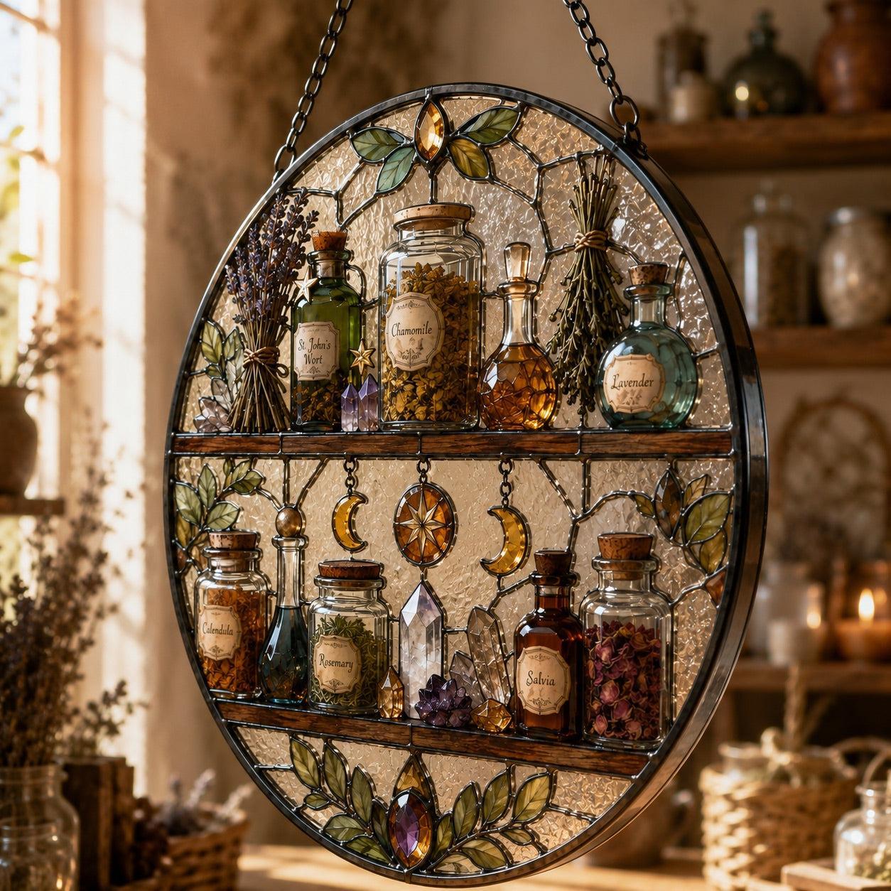 Witch Apothecary Shelf Glass Suncatcher - close up detail