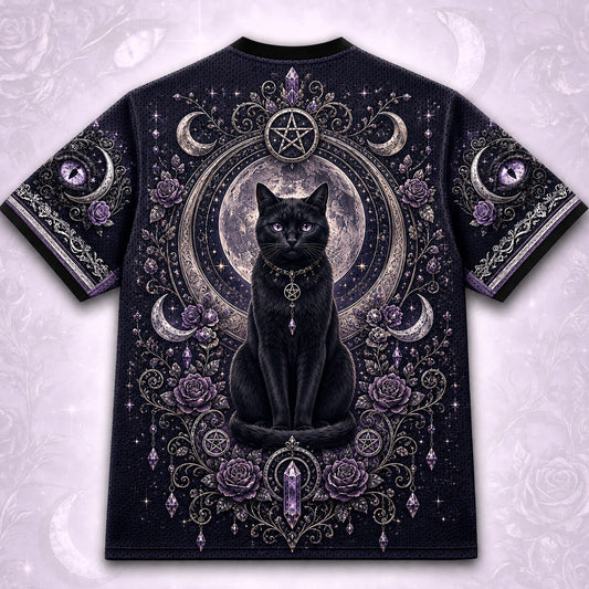 Black Cat Pentacle Witch T-Shirt Crescent Amethyst Lilac Tee back view