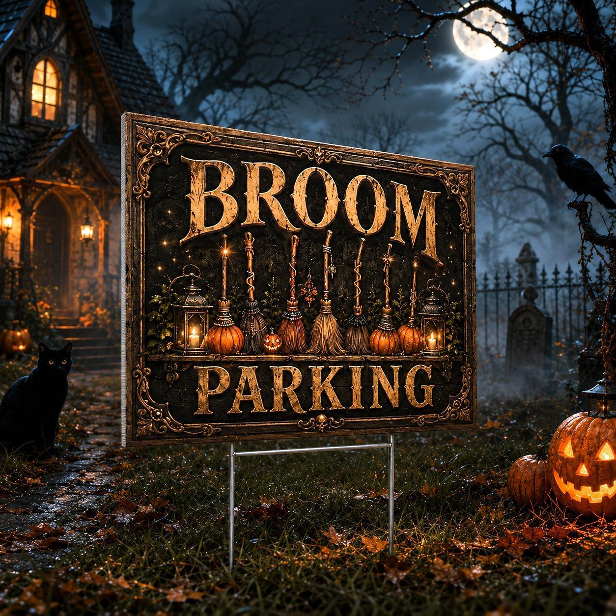 Witch Broom Parking Spooky Halloween Yard Sign - porch scene