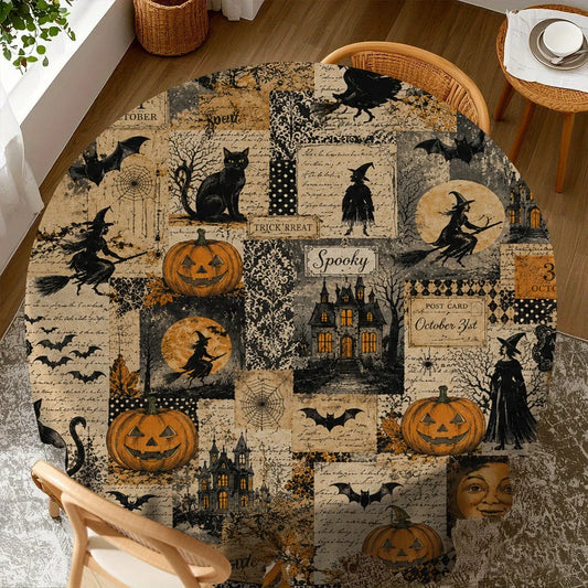 Witch castle Halloween tablecloth with pumpkin cat and moon decor