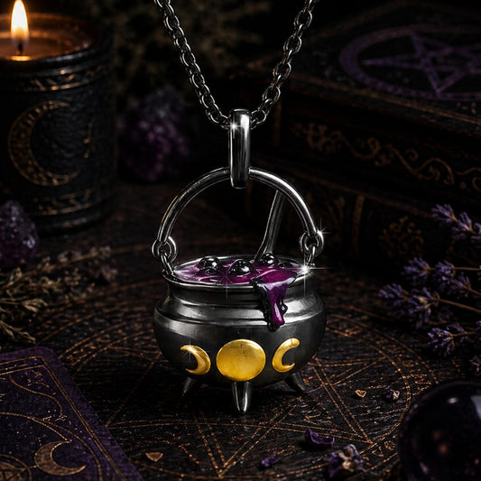Witch Cauldron Pendant Black Gold Color Enamel Potion Necklace Gothic Halloween Jewelry-MoonChildWorld