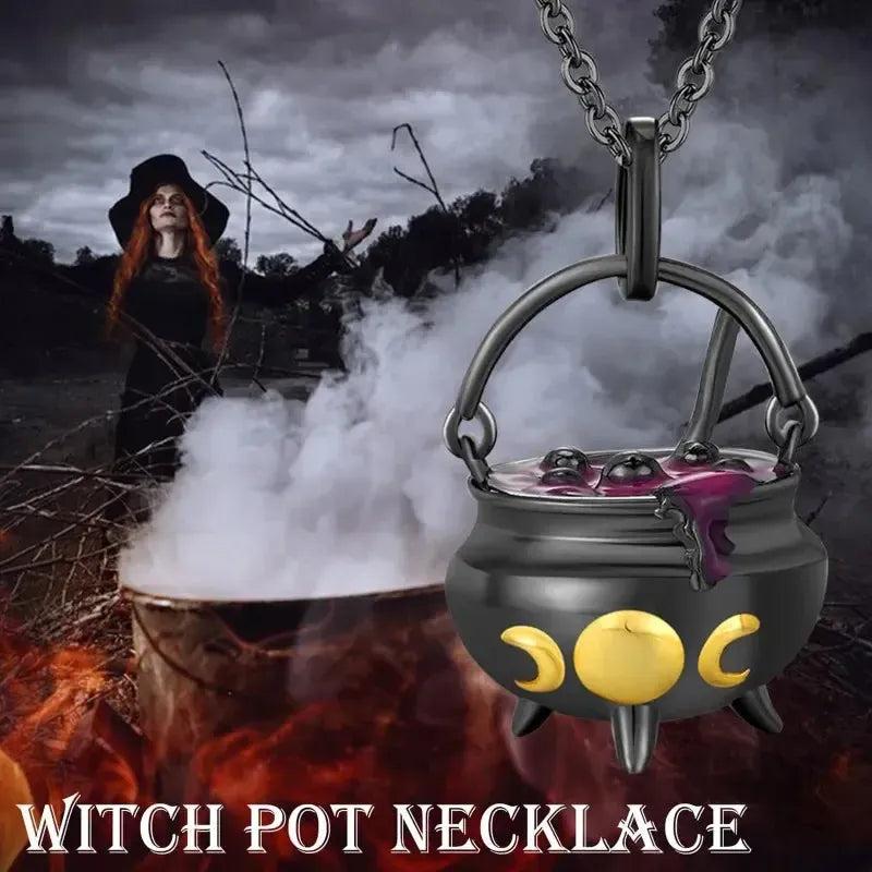 Witch Cauldron Pendant Black Gold Color Enamel Potion Necklace Gothic Halloween Jewelry-MoonChildWorld