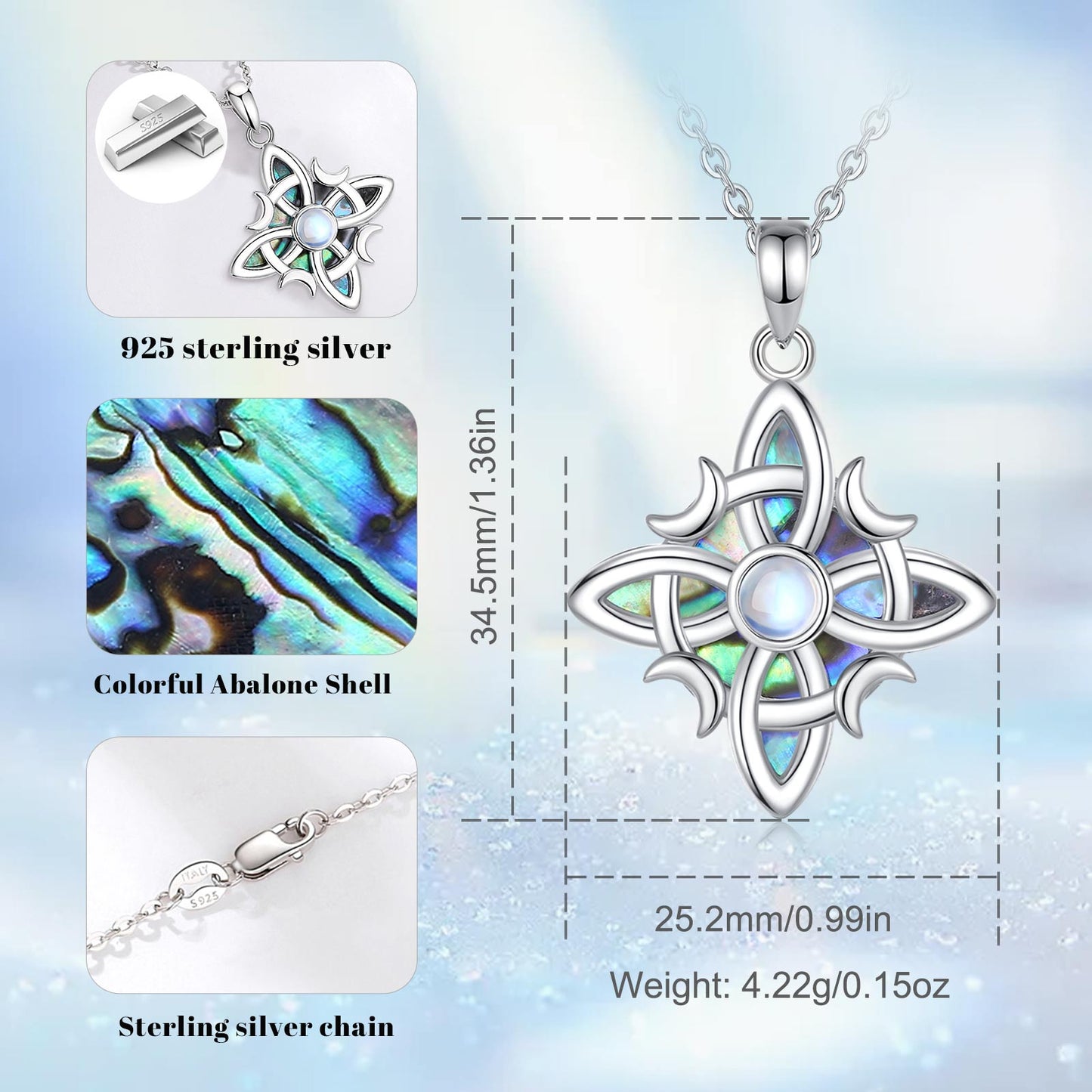 Sterling silver Witch Celtic Knot necklace with colorful abalone shell inlay, 34.5mm pendant, and 18-inch chain.