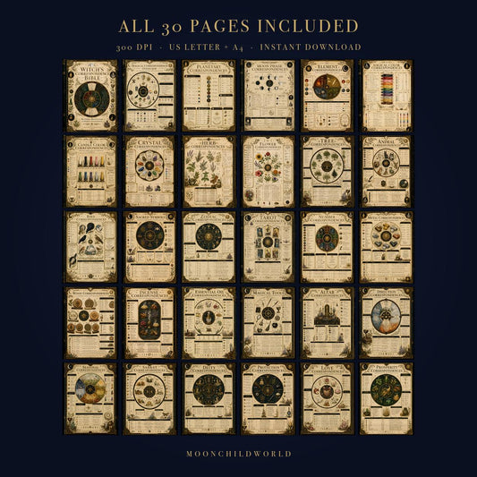 Thirty vintage-style grimoire pages featuring detailed occult correspondence charts in a beige and black parchment design.