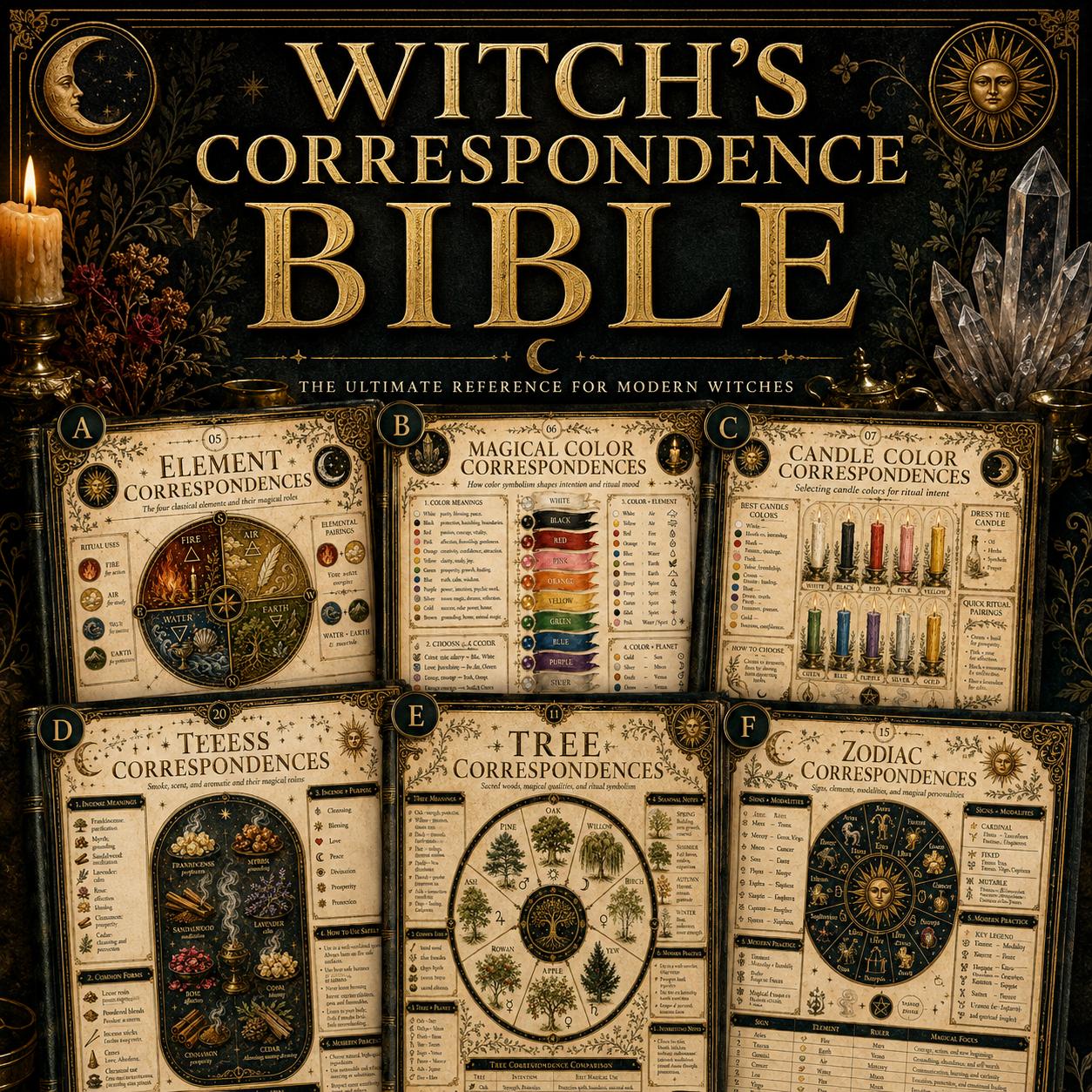 Witch's Correspondence Bible grimoire pages with gold-trimmed, vintage-style charts for herbs, crystals, and zodiac signs.