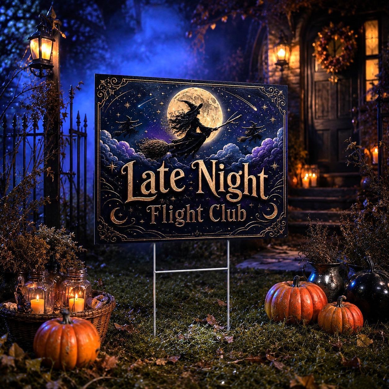 Witch Flight Club Halloween Yard Sign - porch scene