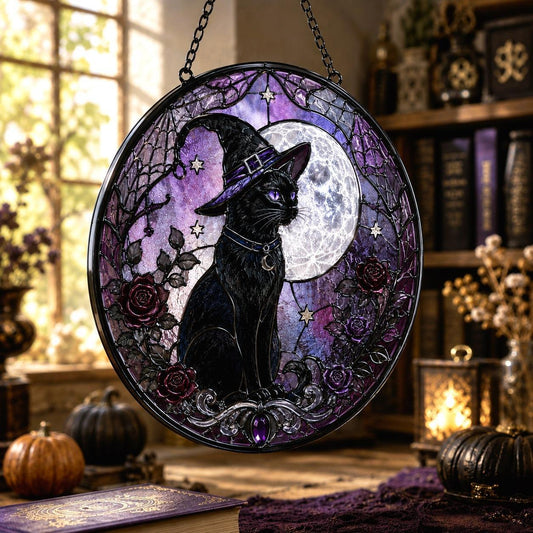 Witch Hat Black Cat Glass Suncatcher - hanging view