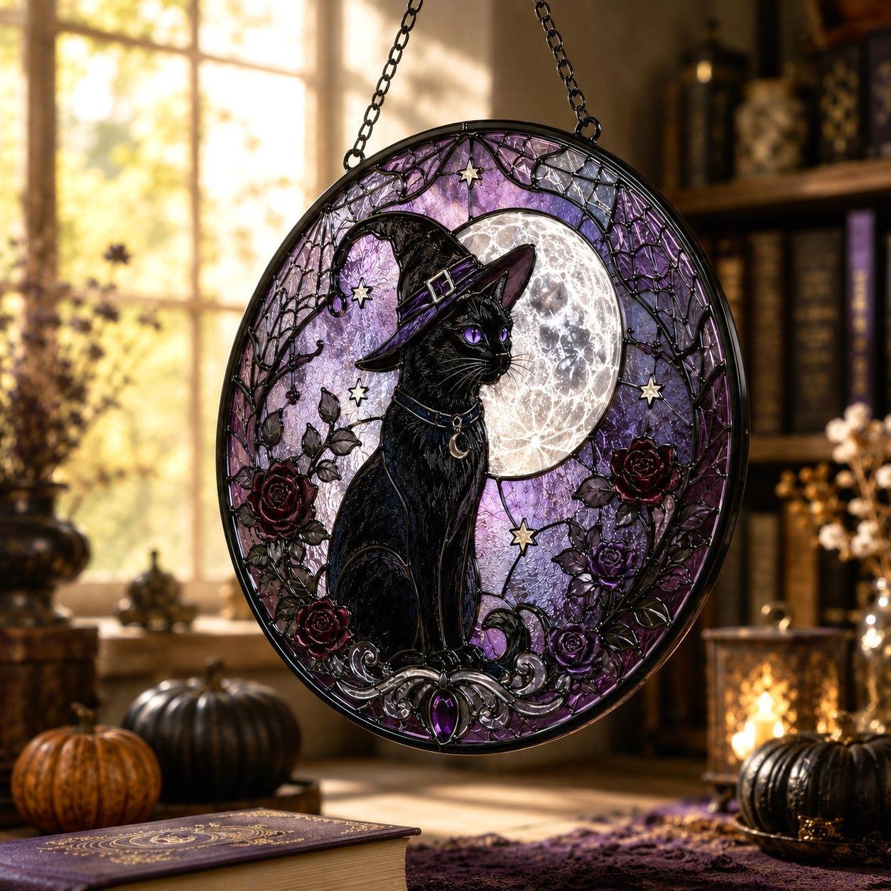Witch Hat Black Cat Glass Suncatcher - close up detail