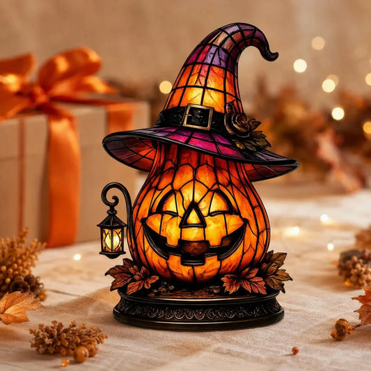 Witchy table lamp styled on an office shelf