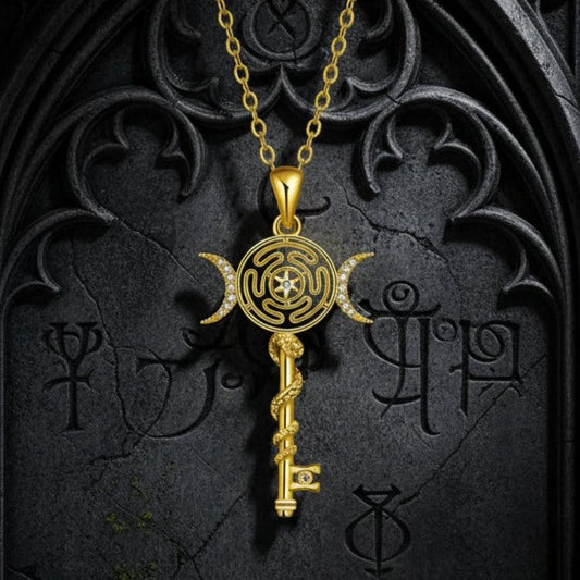 Witch Hecate Wheel Necklace Silver Snake Key Triple Moon Goddess Necklace Wicca Jewelry-MoonChildWorld