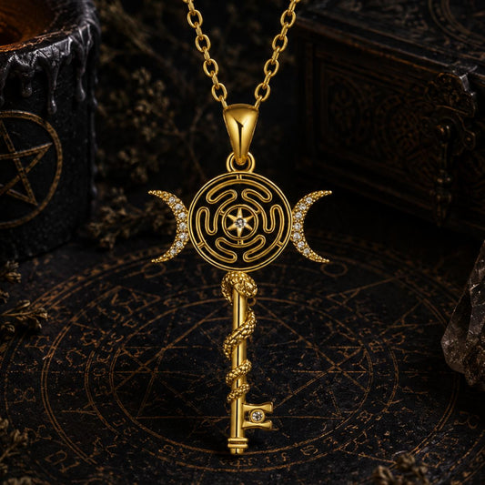 Witch Hecate Wheel Necklace Silver Snake Key Triple Moon Necklace Wicca Jewelry-MoonChildWorld