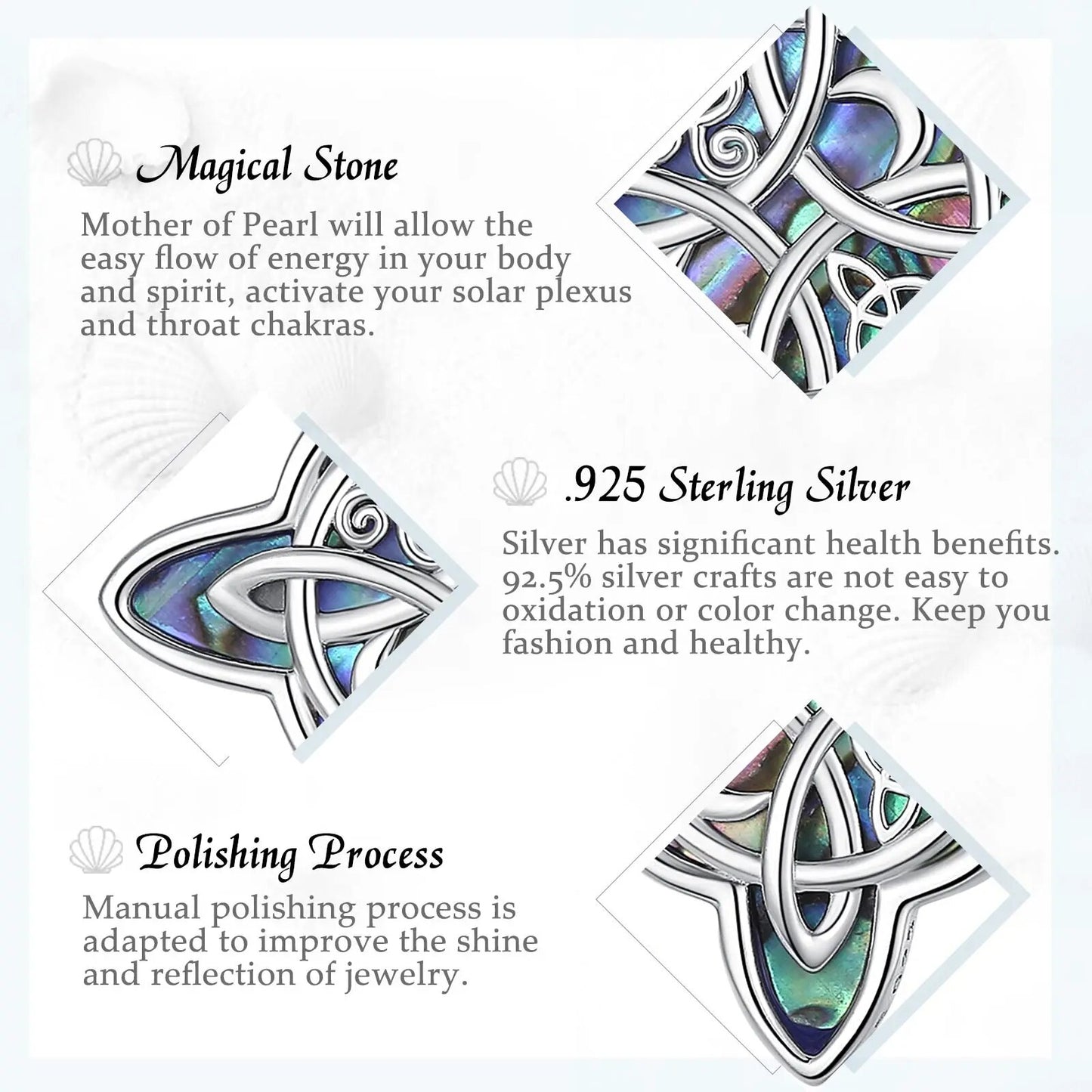 Sterling silver Witch Knot pendant with iridescent Mother of Pearl inlay, showcasing intricate Celtic knotwork.
