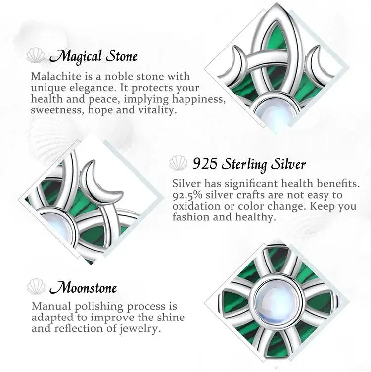 Pendant material and stone detail graphic: Witch Knot Necklace in 925 Sterling Silver, featuring an interwoven witch knot, malachite detail and an artificial moonstone center.