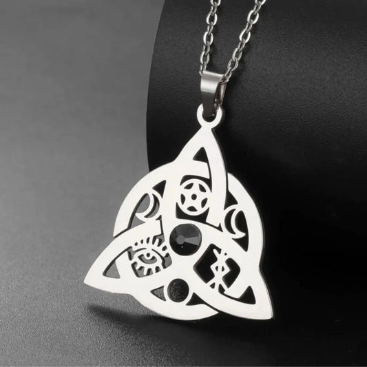 Witch Knot with Black Ziron Necklace - Crescent Moon Trinity Knot Necklace-MoonChildWorld
