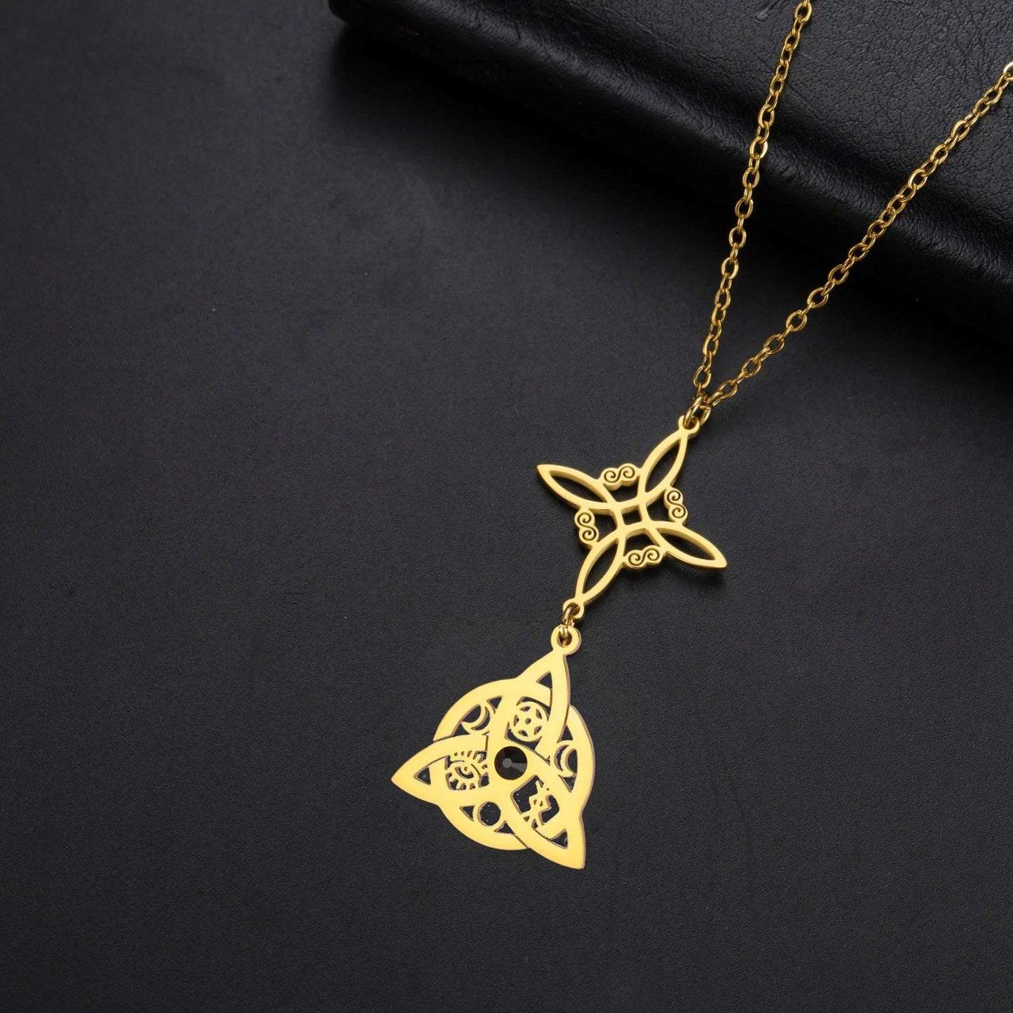 Witch Knot with Black Ziron Necklace Irish Celtic Trinity Witchcraft Pagan Jewelry-MoonChildWorld