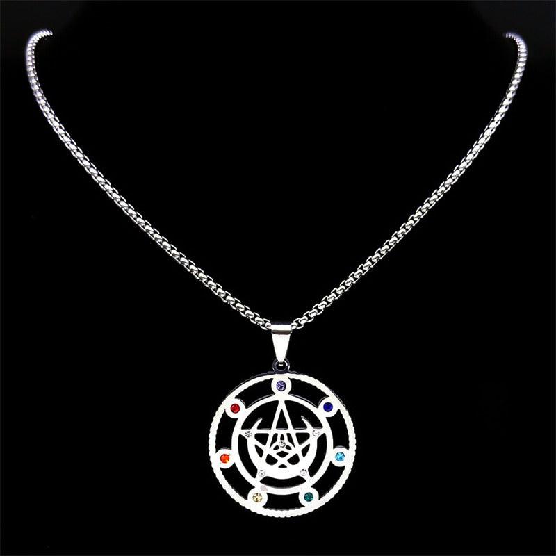 Exquisite Witch Moon Pentacle Necklace: 50cm stainless steel with 7 Chakras, rust-proof and allergy-free.