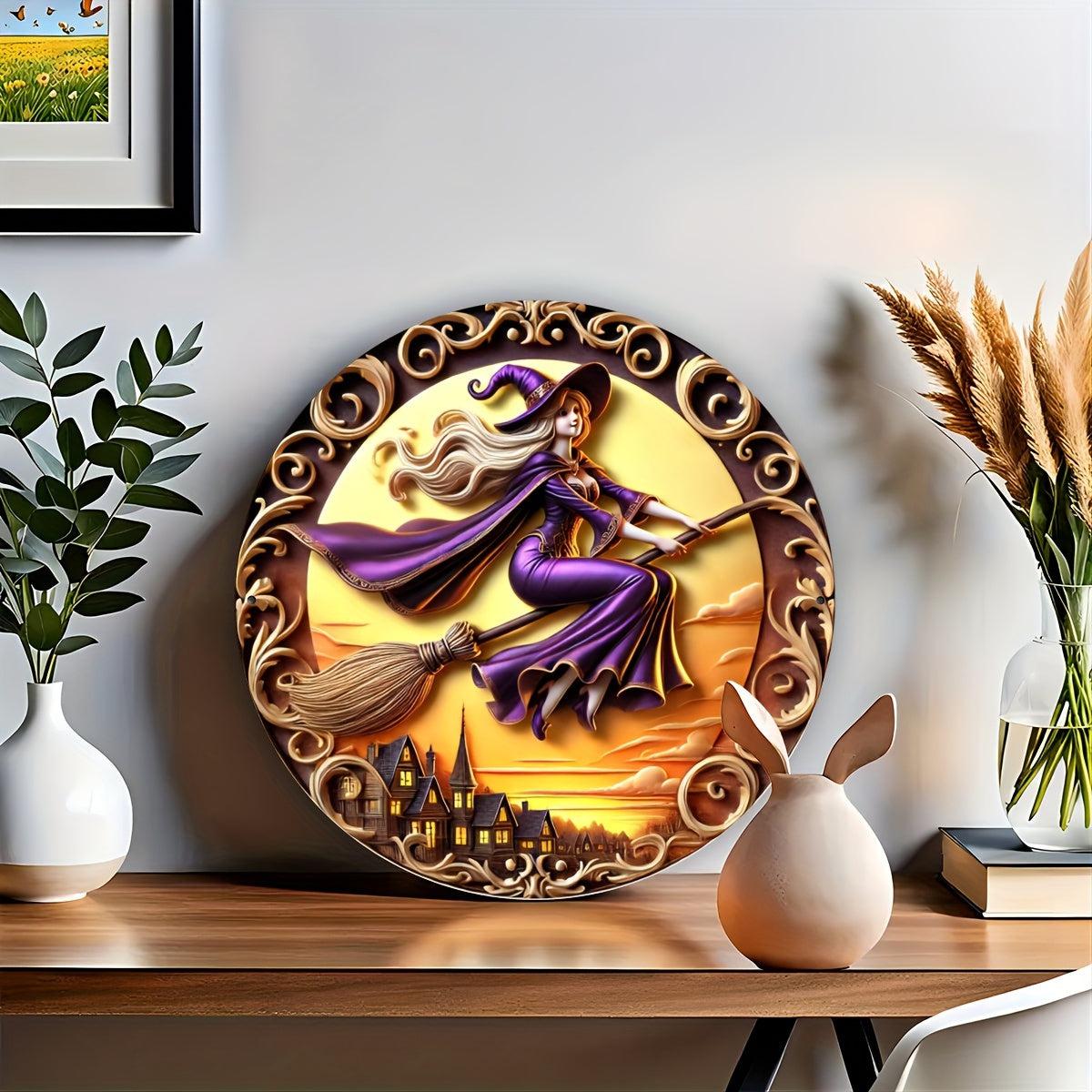 Witch On A Broomstick Metal Sign For Halloween-MoonChildWorld