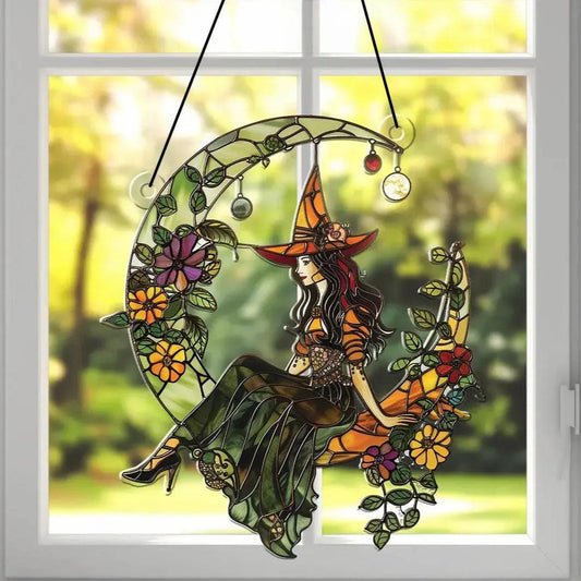 Witch On The Moon Acrylic Suncatcher Halloween Window Decoration Wind Chime - Mystic Witch Hanging Ornament-MoonChildWorld