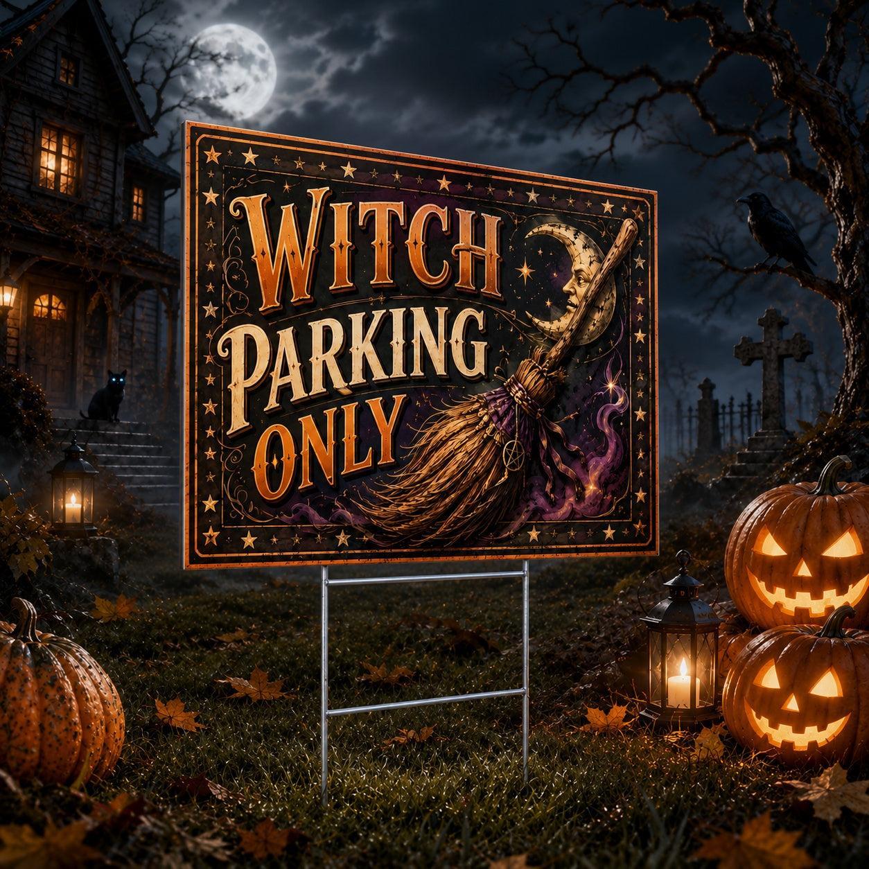 Witch Parking at Haunted Halloween Night Yard Sign - porch scene