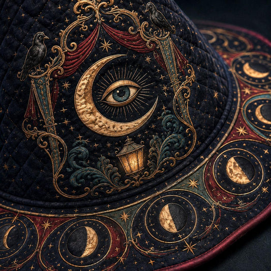Witch Queen Hat – Carnival All Seeing Eye Occult Wide Brim Witch Hat – quilting and print detail
