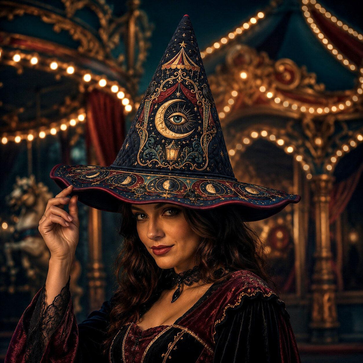 Witch Queen Hat – Carnival All Seeing Eye Occult Wide Brim Witch Hat – worn, front view
