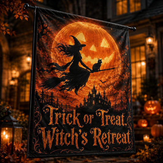 Witch Riding Broom Black Cat house flag displayed outdoors on a garden flag stand