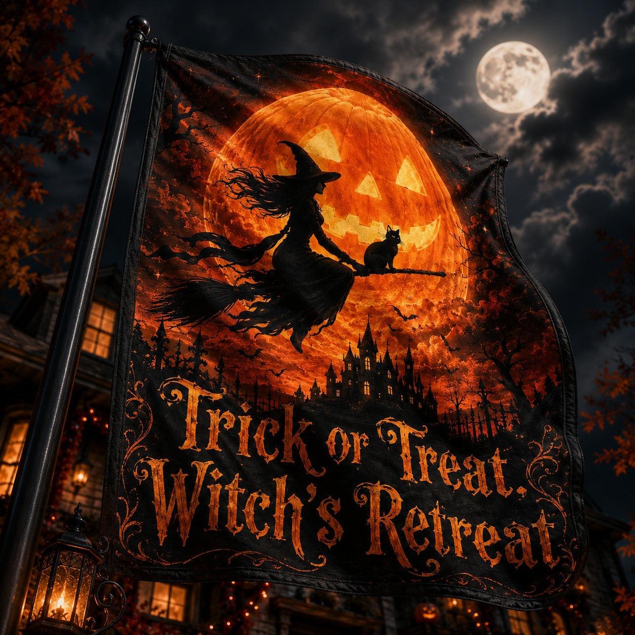 Witch Riding Broom Black Cat house flag mockup hanging outdoors as Halloween decor