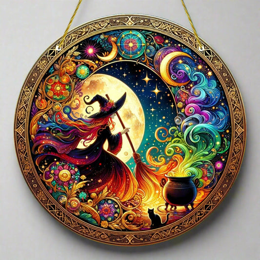 Witch Suncatcher Magic Acrylic Round Sign Halloween Window Hanging Decor-MoonChildWorld