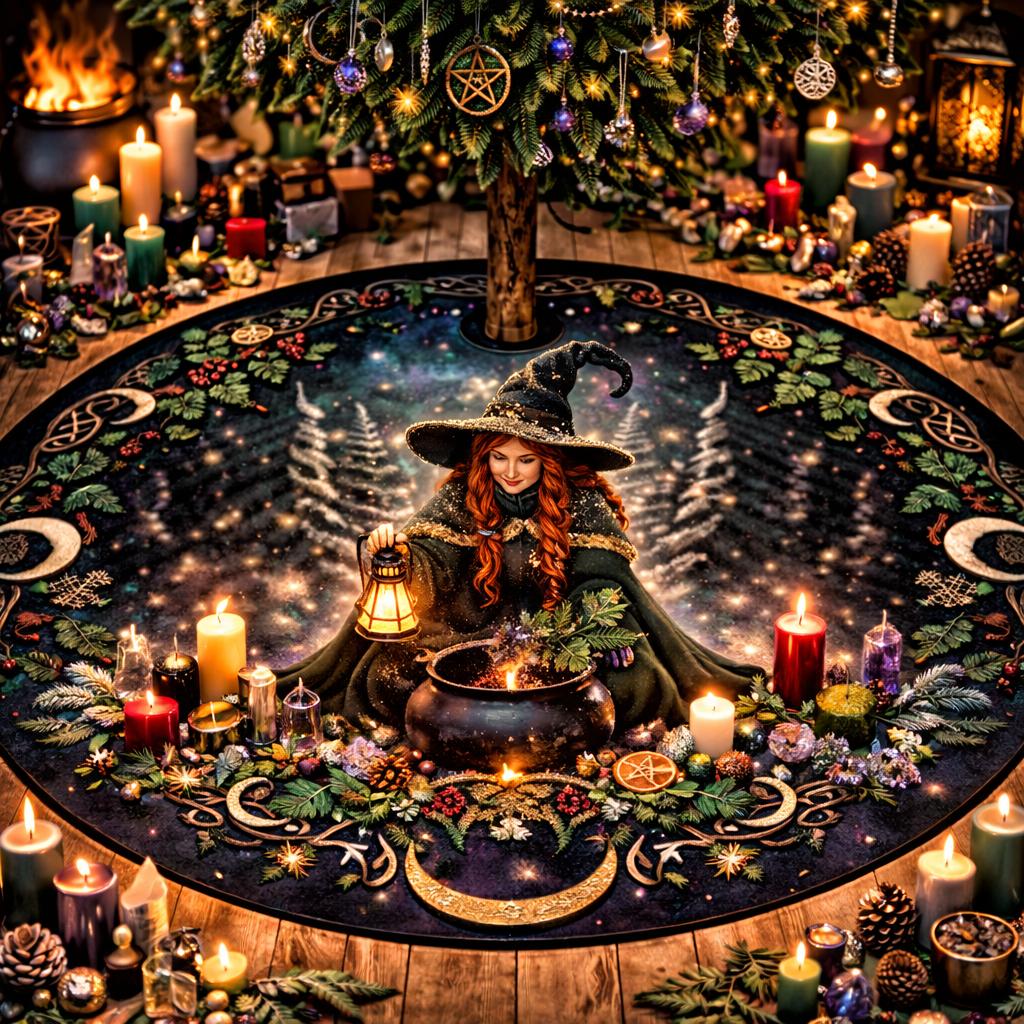 Dark gothic velvet tree skirt with a witch, cauldron, forest, and celestial symbols.