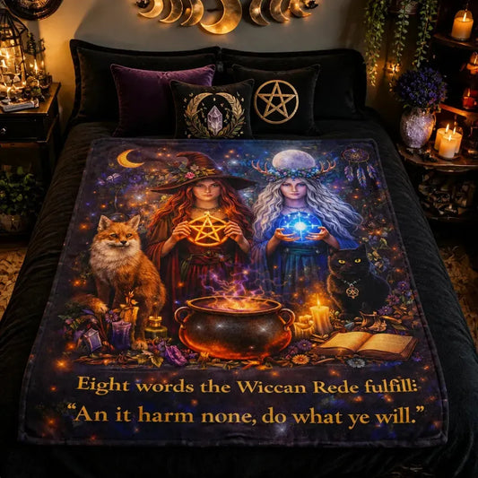 Witch and Wicca Goddess Blanket With Fox, Black Cat_mockup_1.webp