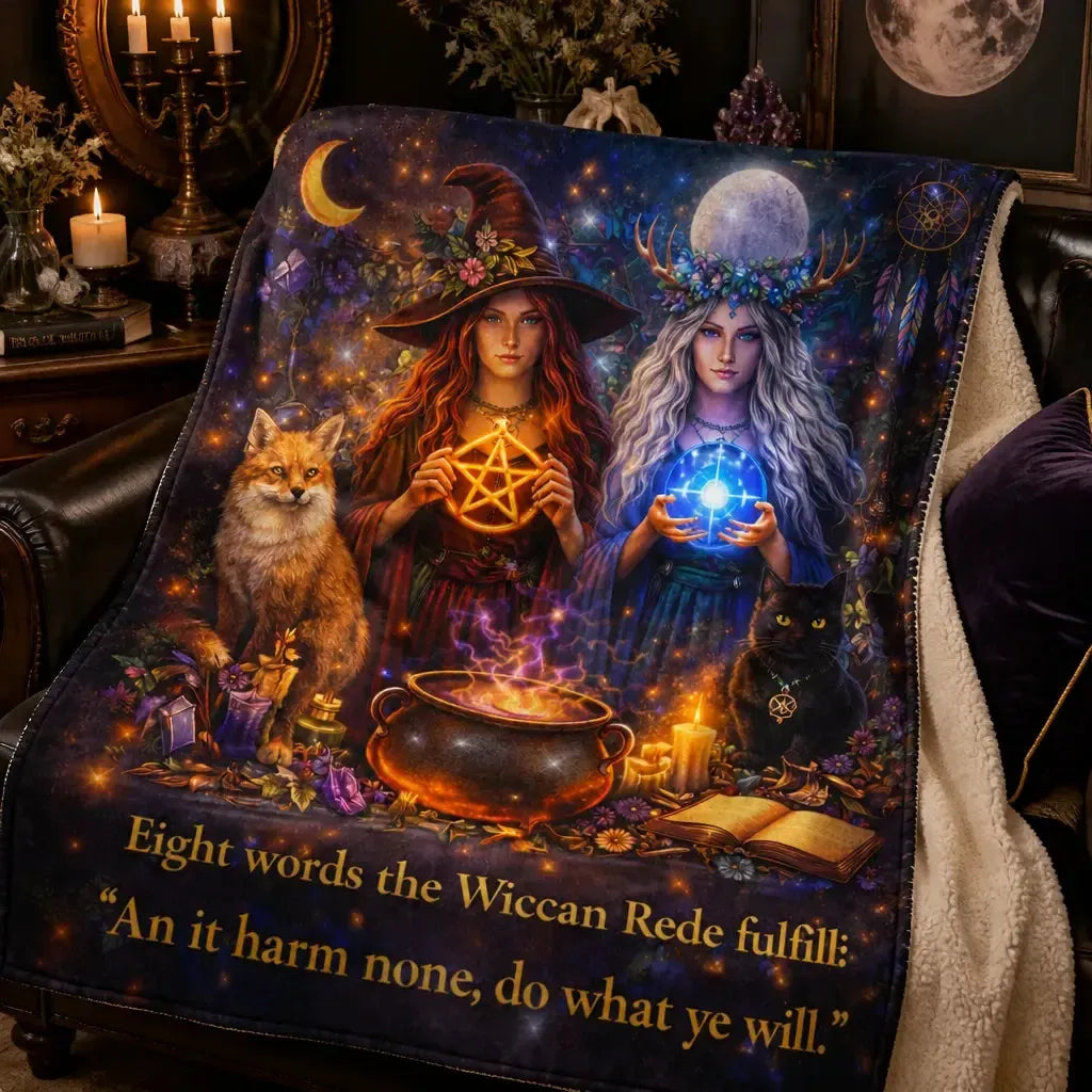 Witch and Wicca Goddess Blanket With Fox, Black Cat_mockup_3.webp
