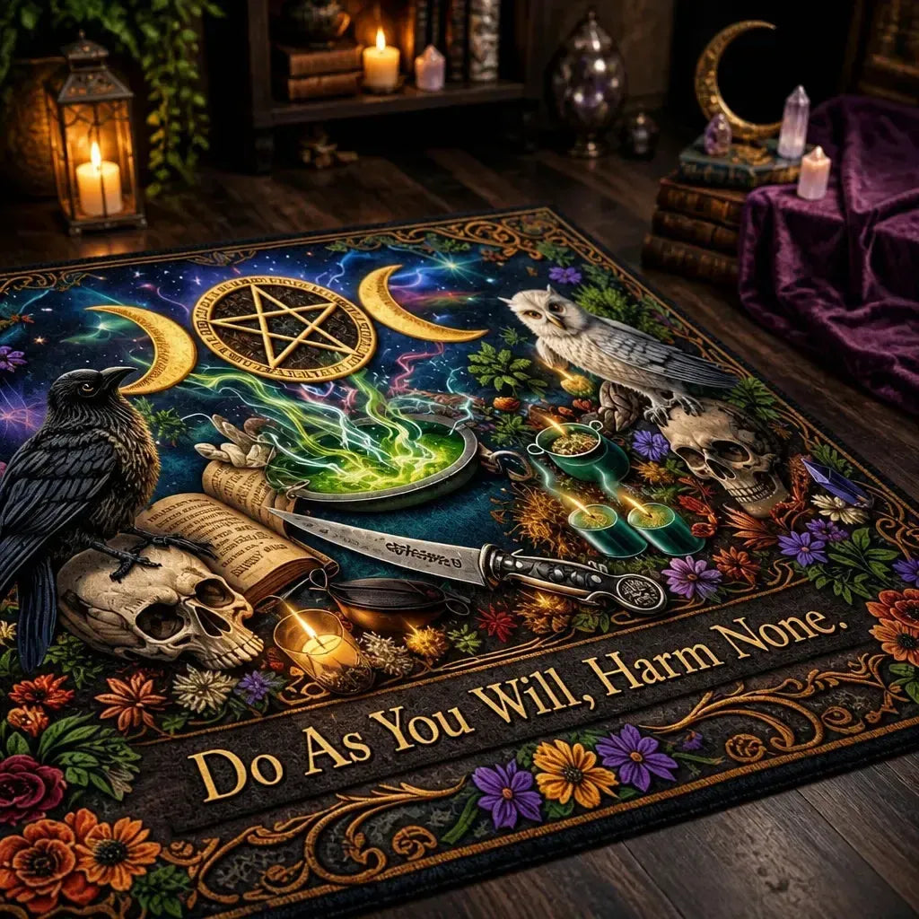 Witchcraft Area Rug with Black Cat, Owl, Skull – Gothic Occult Carpet for Witchy Home Decor_mockup_3.webp