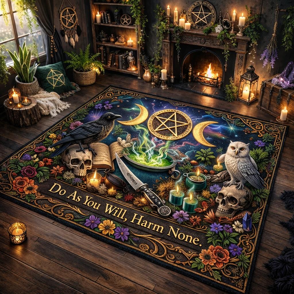 Witchcraft Area Rug with Black Cat, Owl, Skull – Gothic Occult Carpet for Witchy Home Decor-MoonChildWorld