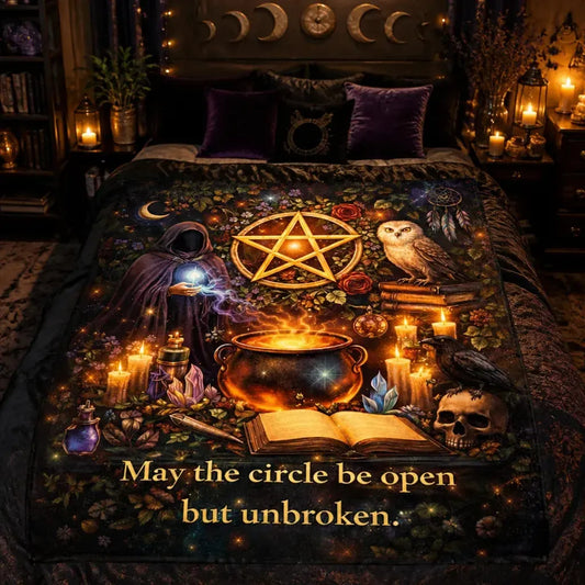 Witchcraft Blanket with Pentacle, Owl, Raven - Mystical Wiccan Pagan Blanket_mockup_1.webp