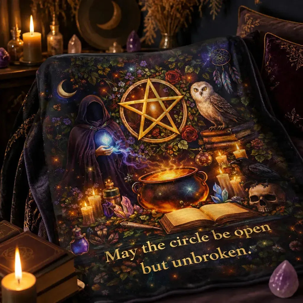 Witchcraft Blanket with Pentacle, Owl, Raven - Mystical Wiccan Pagan Blanket_mockup_3.webp