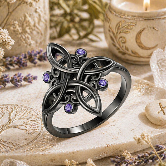 Witchcraft Celtic Knot Ring Mystical Purple Zircon Black 925 Silver Ring Witchy Jewelry-MoonChildWorld