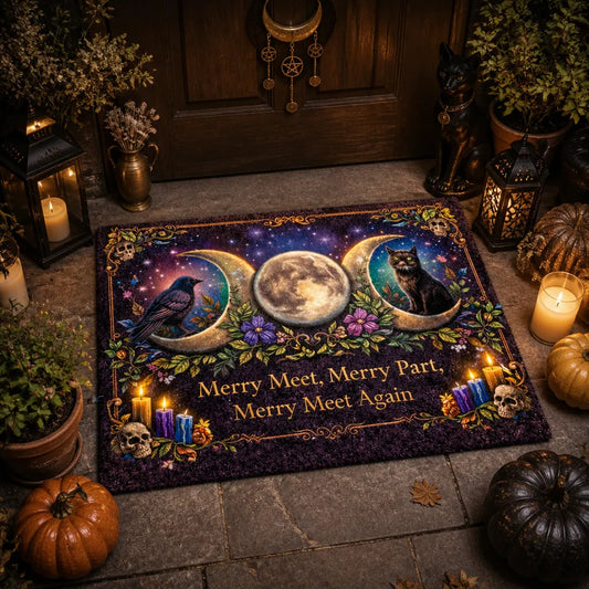 Witchcraft Doormat with Triple Moon, Black Cat & Raven – Wicca Welcome Mat for Mystical Decor_mockup_1.webp