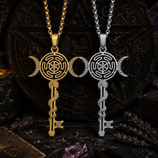 Witchcraft Hecate Wheel Necklace - Key Snake Triple Moon Goddess Pendant Witchy Jewelry-MoonChildWorld