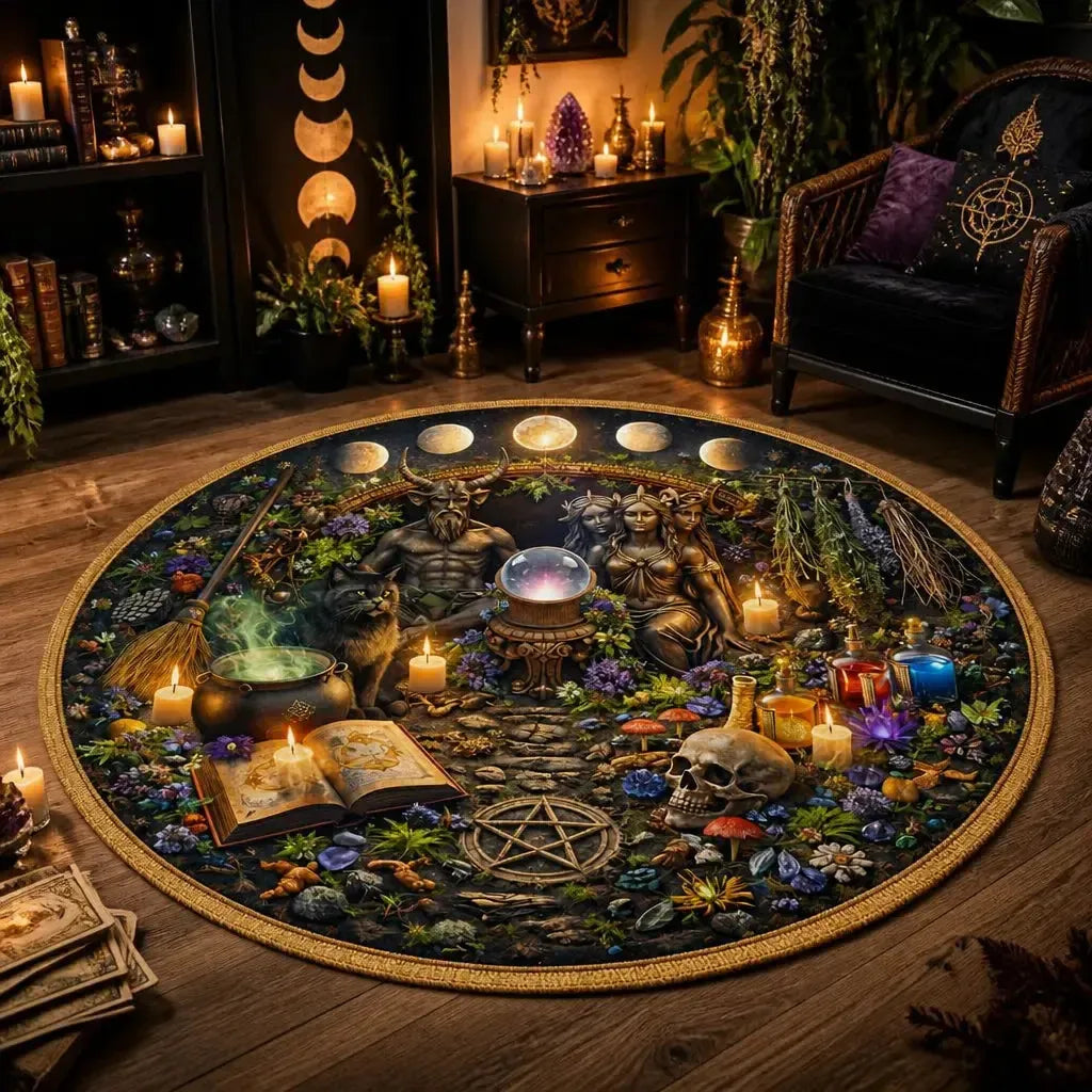 Witchcraft Pagan Round Rug Witchy Carpet for Wiccan Home Decor_mockup_1.webp