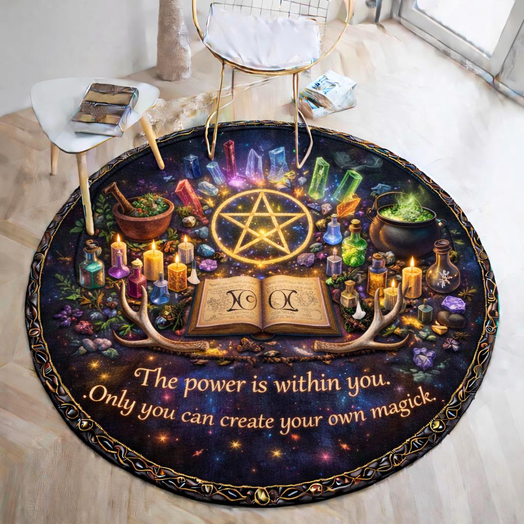 Dark blue round Wiccan rug with a glowing pentacle, crystals, potions, candles, and an open spell book.