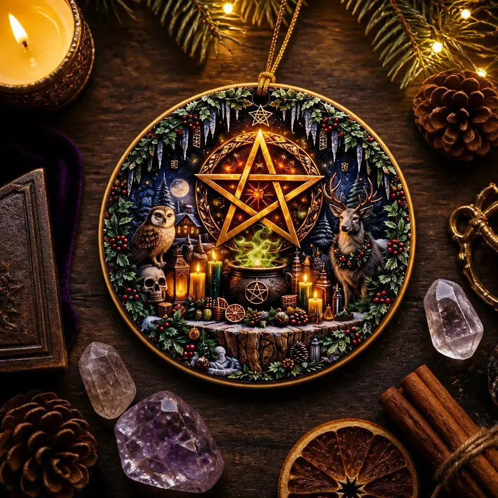 Witchcraft Pentacle Yule Ceramic Ornament – Pagan Wiccan Christmas Decor_mockup_3.webp