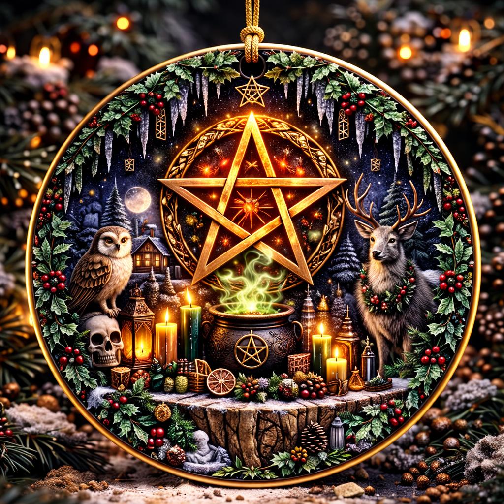 Gold-rimmed ceramic Yule ornament with a glowing pentacle, owl, deer, cauldron, and candles in a snowy forest.