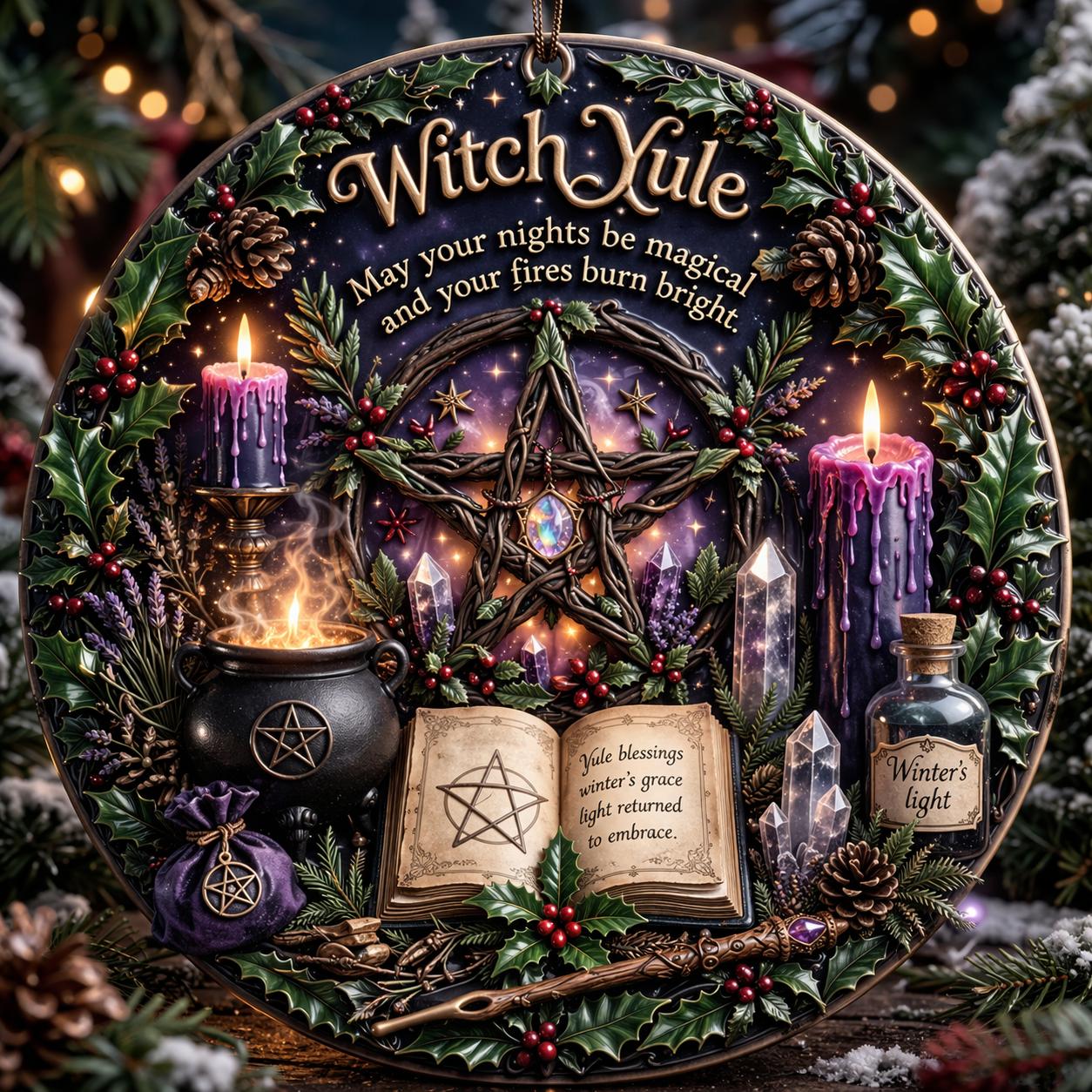 Witch Yule ceramic ornament with pentacle, burning candles, cauldron, spellbook, and crystals.