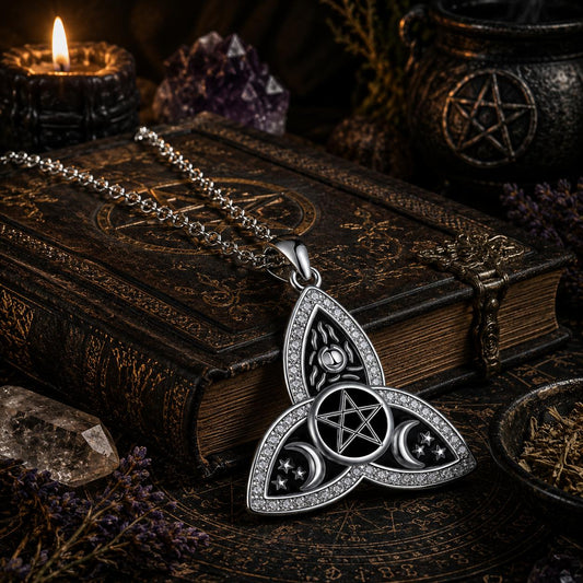 Witchcraft Pentagram Moon Triquetra Celtic Knot Necklace - Wicca Pagan Trinity Knot Jewelry-MoonChildWorld